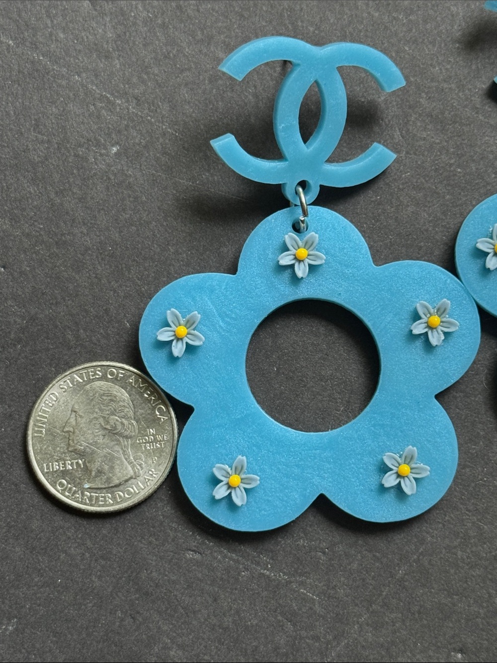 Blue CC Fashion Dangle Floral Earrings - Picture 12 of 14